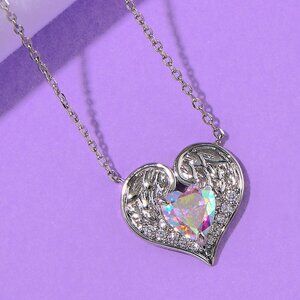 Angel Wing Necklace with Pink Aurora Borealis Heart - Charmed Aroma Snow Angels